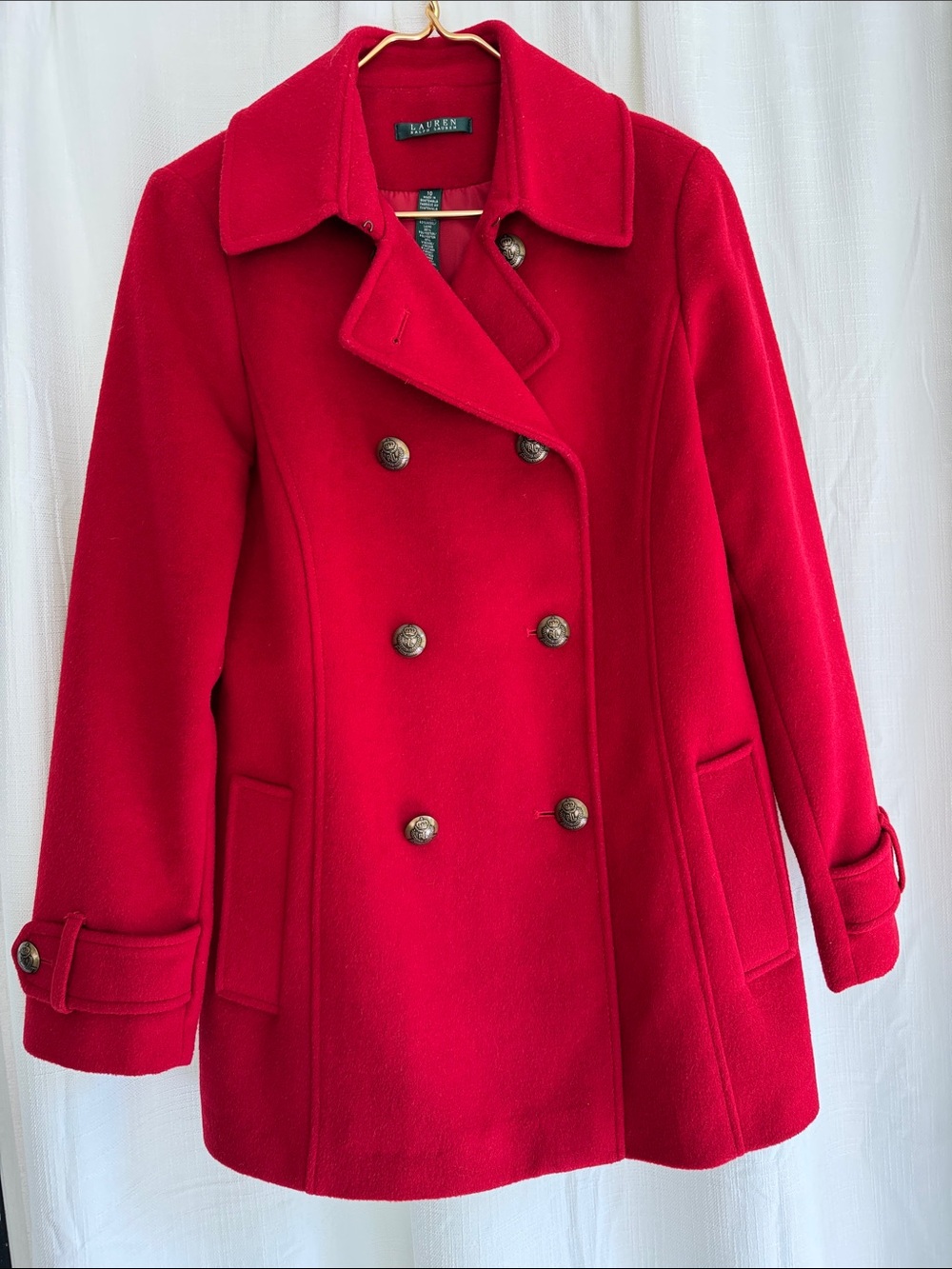 Ralph Lauren Red Double-Breasted Wool Blend  Pea Coat.. Size 10